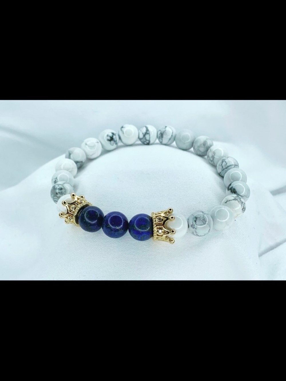 White Howlite and Blue Stone Bracelet with Gold Crown Accents